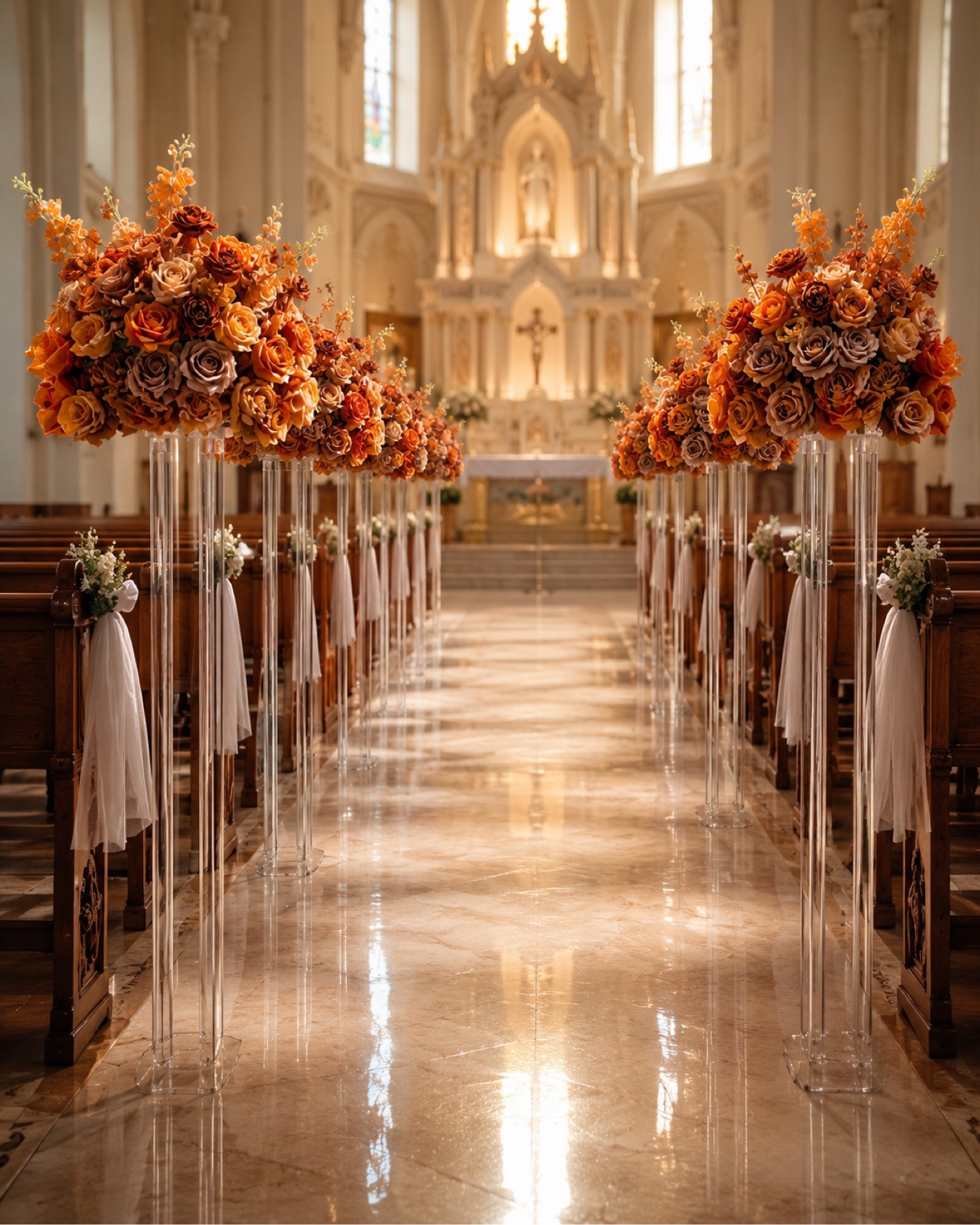 Allée de cérémonie décorée — supports floraux Dodoconcept