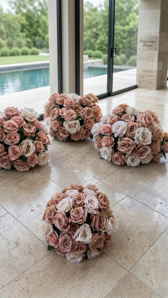 Dodoconcept Flowers - trois compositions florales sur supports dores en spirale, terracotta, blanche et bleue